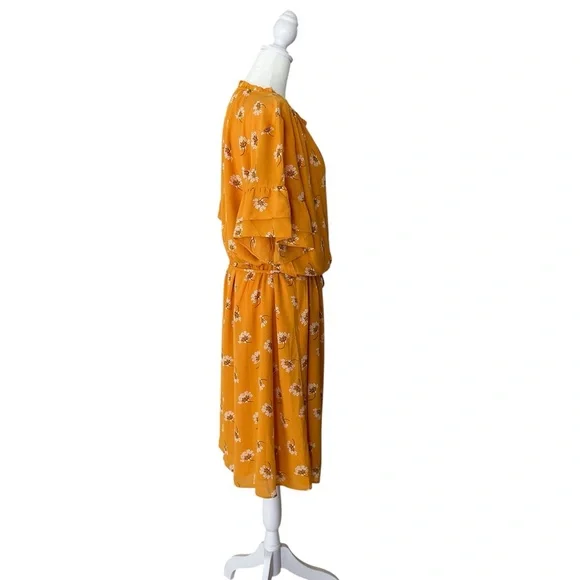 Mustard Yellow Floral Ruffle Sleeve Drawstring Waist Mini Dress XL - Picture 3 of 9